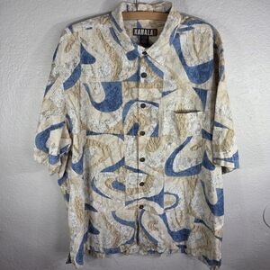 Kahala 1936 Shirt Mens 2XL Blue Tan Hawaiian Short Sleeve Linen Blend ButtonUp